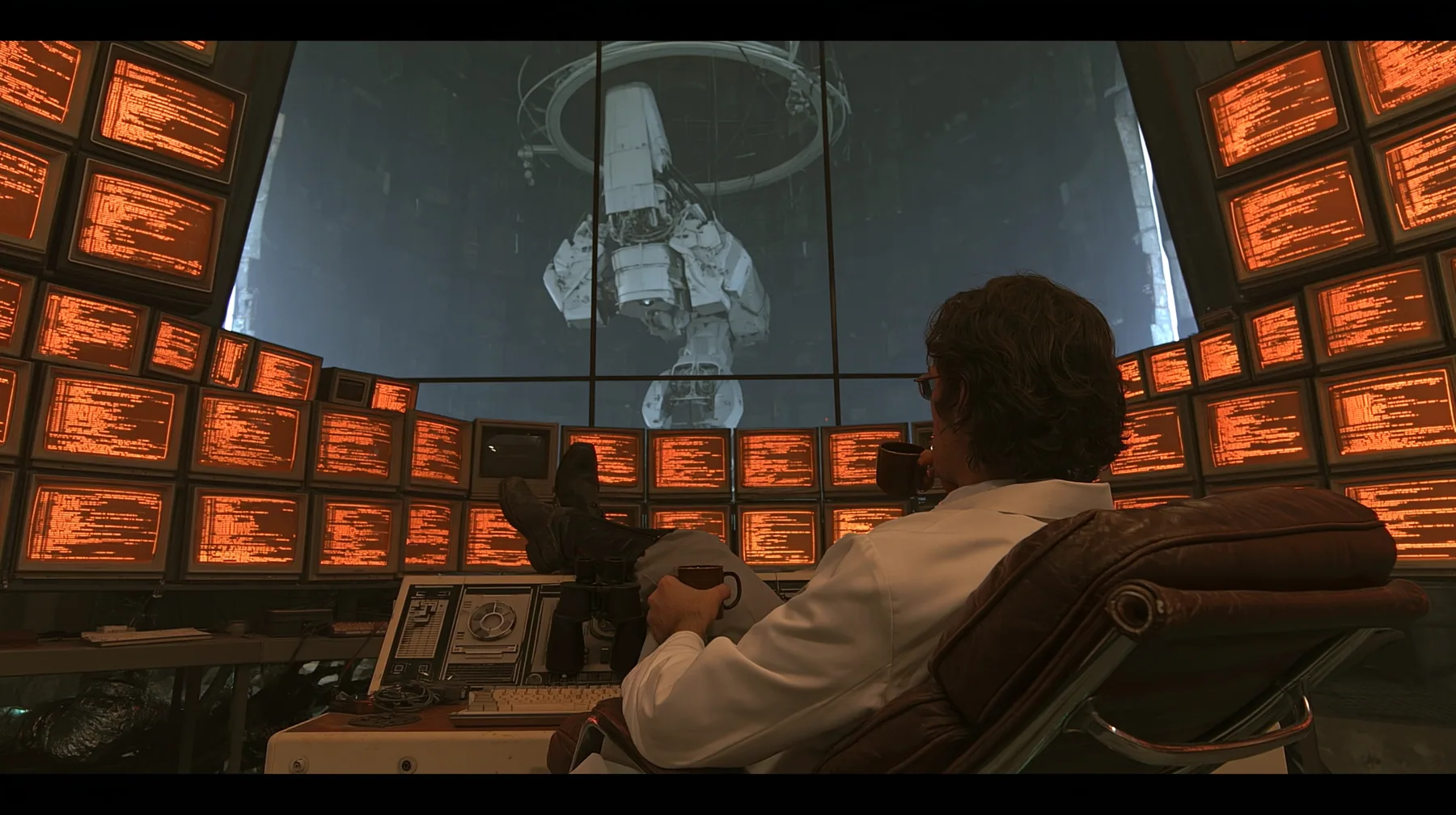 cinematic film still from behind: a curly-haired scientist in a white lab coat leans back in a leather chair, feet up on a retro control console, coffee mug in hand, facing a curved wall of amber CRT monitors full of…
