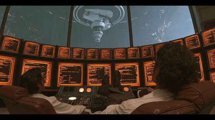 cinematic film still from behind: a curly-haired scientist in a white lab coat leans back in a leather chair, feet up on a retro control console, coffee mug in hand, facing a curved wall of amber CRT monitors full of…