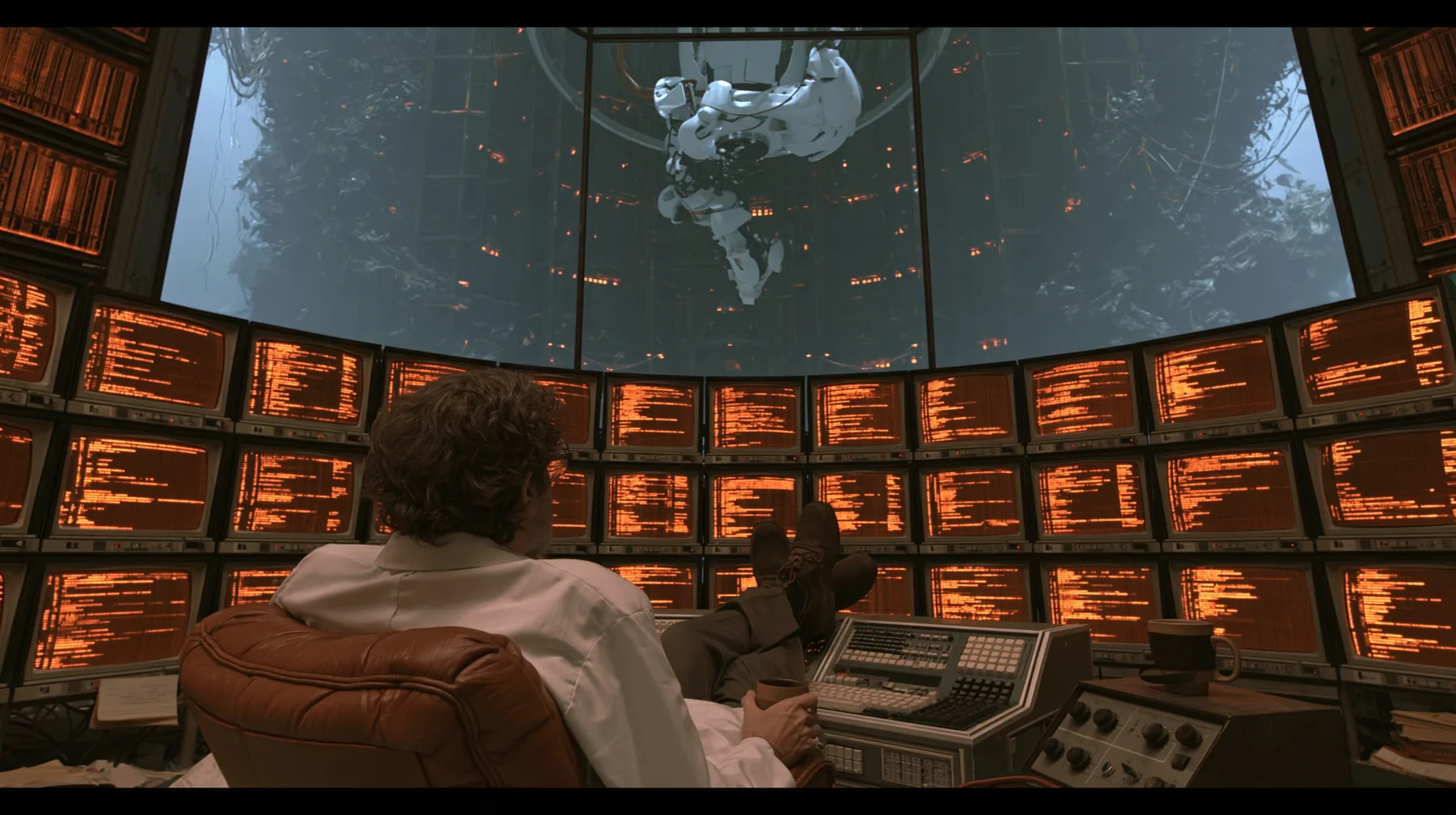 cinematic film still from behind: a curly-haired scientist in a white lab coat leans back in a leather chair, feet up on a retro control console, coffee mug in hand, facing a curved wall of amber CRT monitors full of…