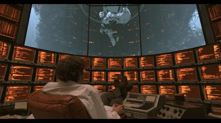cinematic film still from behind: a curly-haired scientist in a white lab coat leans back in a leather chair, feet up on a retro control console, coffee mug in hand, facing a curved wall of amber CRT monitors full of…
