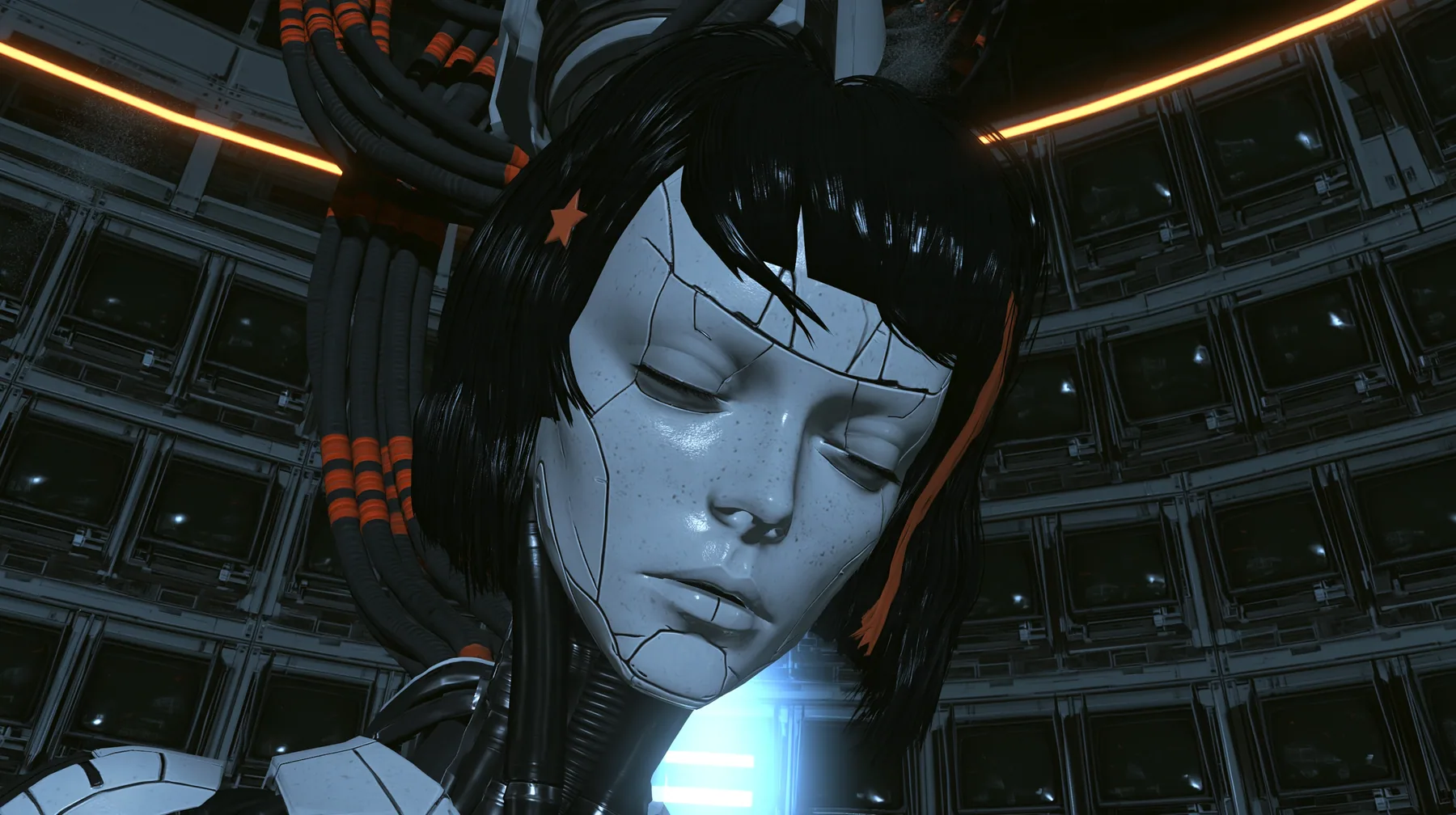 extreme close-up in a pitch-dark machine chamber: a dormant porcelain-white female android head hangs bowed from a black robotic neck and a cable bundle with orange stripes, eyes closed, fine panel seams, light…