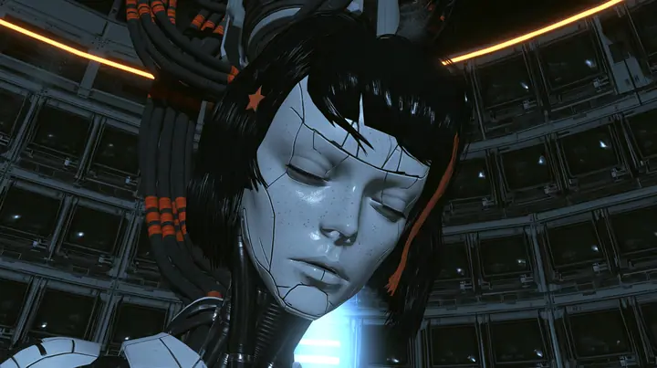 extreme close-up in a pitch-dark machine chamber: a dormant porcelain-white female android head hangs bowed from a black robotic neck and a cable bundle with orange stripes, eyes closed, fine panel seams, light…