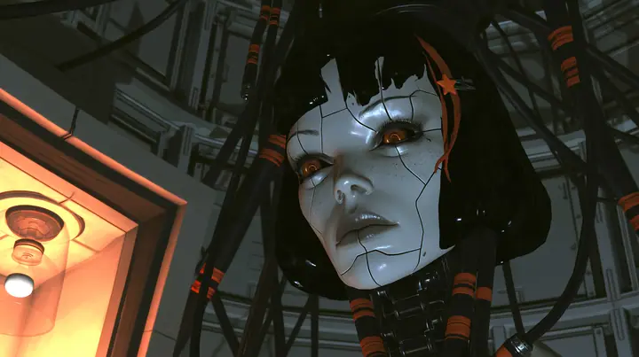 close-up from a slightly low three-quarter angle in a dark machine chamber: a porcelain-white female android head hanging from a black robotic neck and cables with orange stripes, her face filling the right half of…