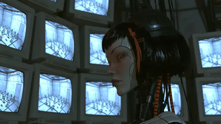 seen past a cluster of old white CRT monitors in the soft out-of-focus foreground at left, each glowing with a tiny white training room full of little robots: a porcelain-white female android head hangs in the middle…