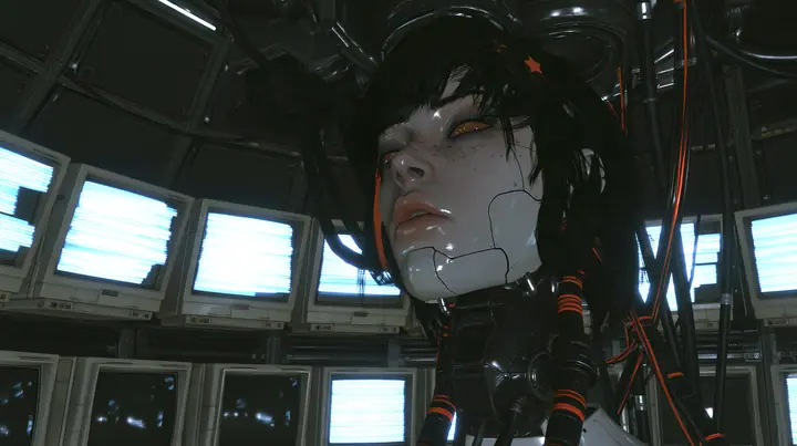 medium close shot from a slightly low angle in a dark machine chamber: a porcelain-white female android head hangs from a black robotic neck and orange-striped cables right of centre, singing with lips parted,…