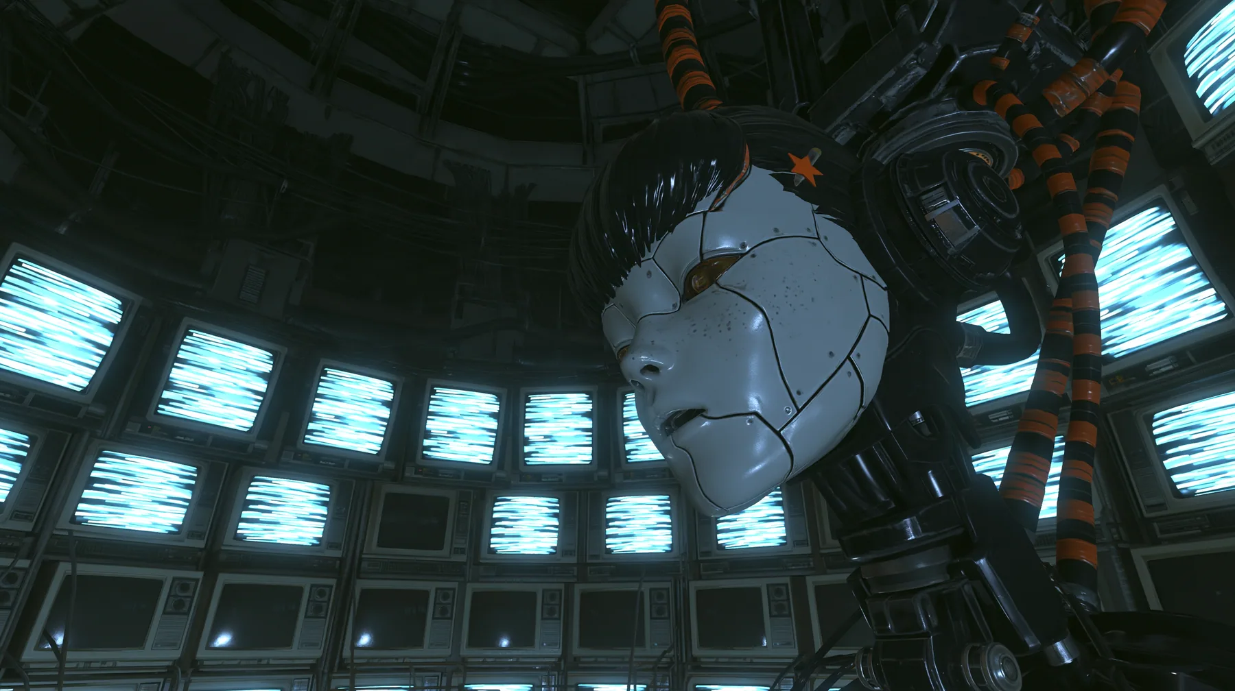 medium close shot from a slightly low angle in a dark machine chamber: a porcelain-white female android head hangs from a black robotic neck and orange-striped cables right of centre, singing with lips parted,…