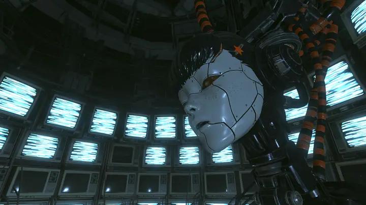 medium close shot from a slightly low angle in a dark machine chamber: a porcelain-white female android head hangs from a black robotic neck and orange-striped cables right of centre, singing with lips parted,…