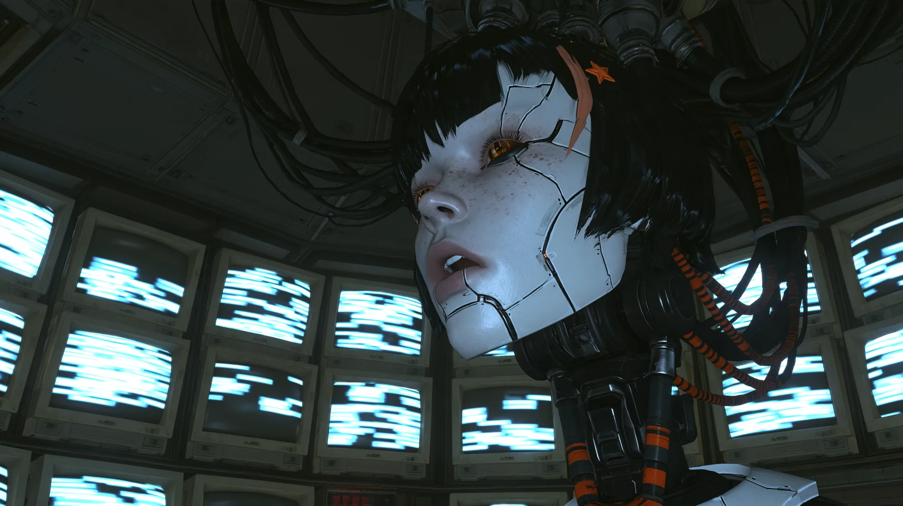 medium close shot from a slightly low angle in a dark machine chamber: a porcelain-white female android head hangs from a black robotic neck and orange-striped cables right of centre, singing with lips parted,…