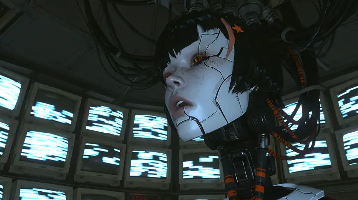 medium close shot from a slightly low angle in a dark machine chamber: a porcelain-white female android head hangs from a black robotic neck and orange-striped cables right of centre, singing with lips parted,…