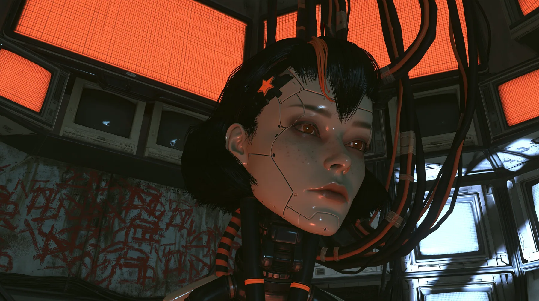 medium close shot from a slightly low three-quarter angle in a dark machine chamber: a porcelain-white female android head hangs from a black robotic neck and orange-striped cables right of centre, singing, satisfied…