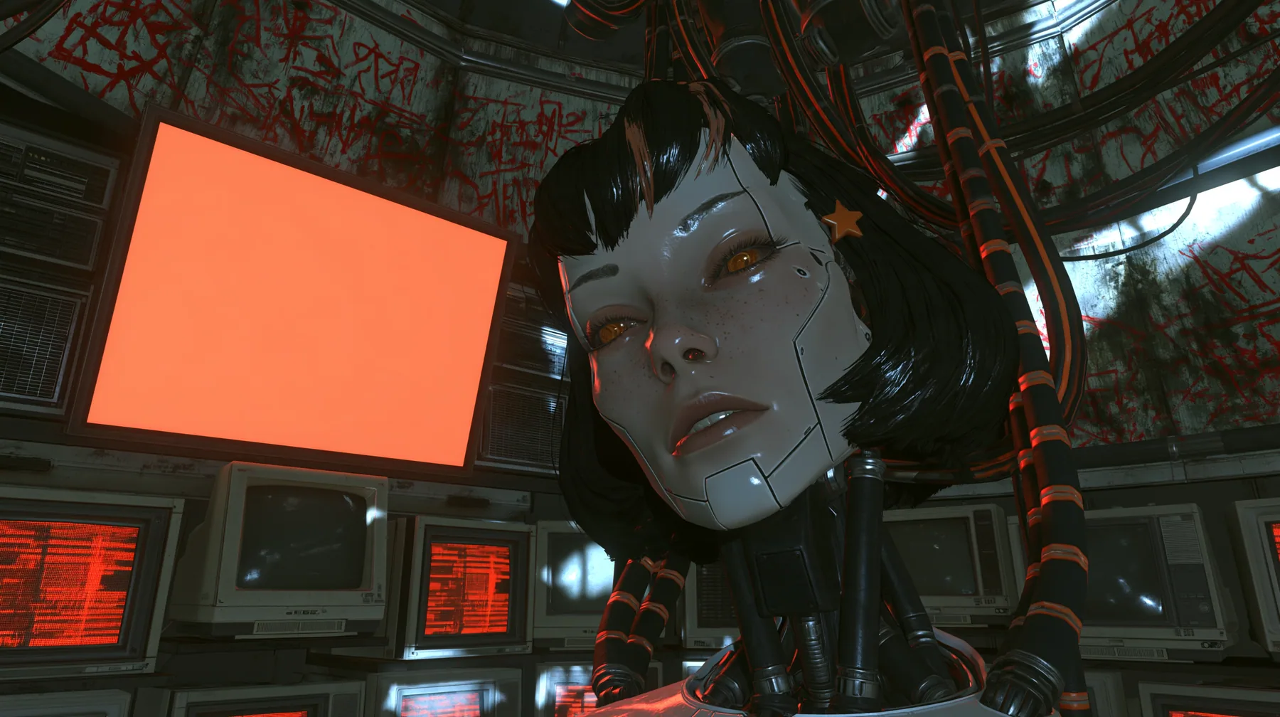 medium close shot from a slightly low three-quarter angle in a dark machine chamber: a porcelain-white female android head hangs from a black robotic neck and orange-striped cables right of centre, singing, satisfied…