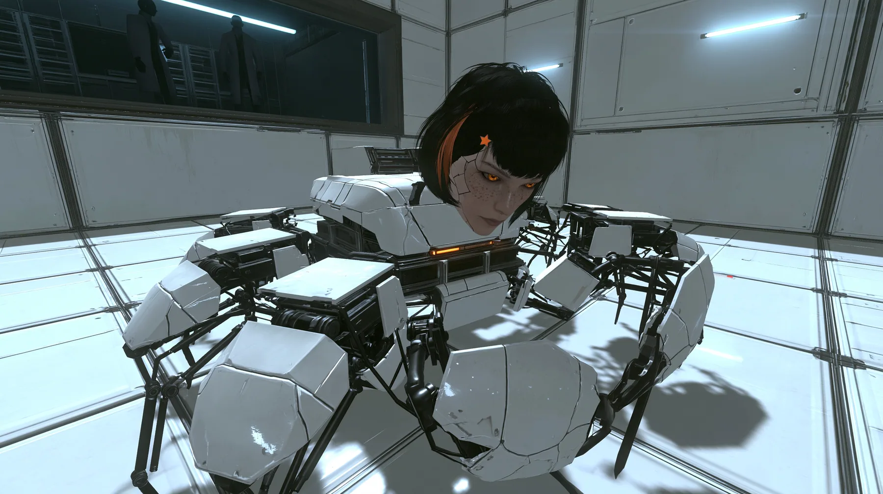 close-up at floor level in a small white training test chamber: a cat-sized robot crab of glossy white shell panels with six thin black jointed legs and an amber status light on its back, carrying a porcelain-white…