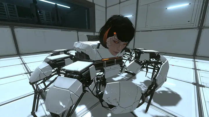 close-up at floor level in a small white training test chamber: a cat-sized robot crab of glossy white shell panels with six thin black jointed legs and an amber status light on its back, carrying a porcelain-white…