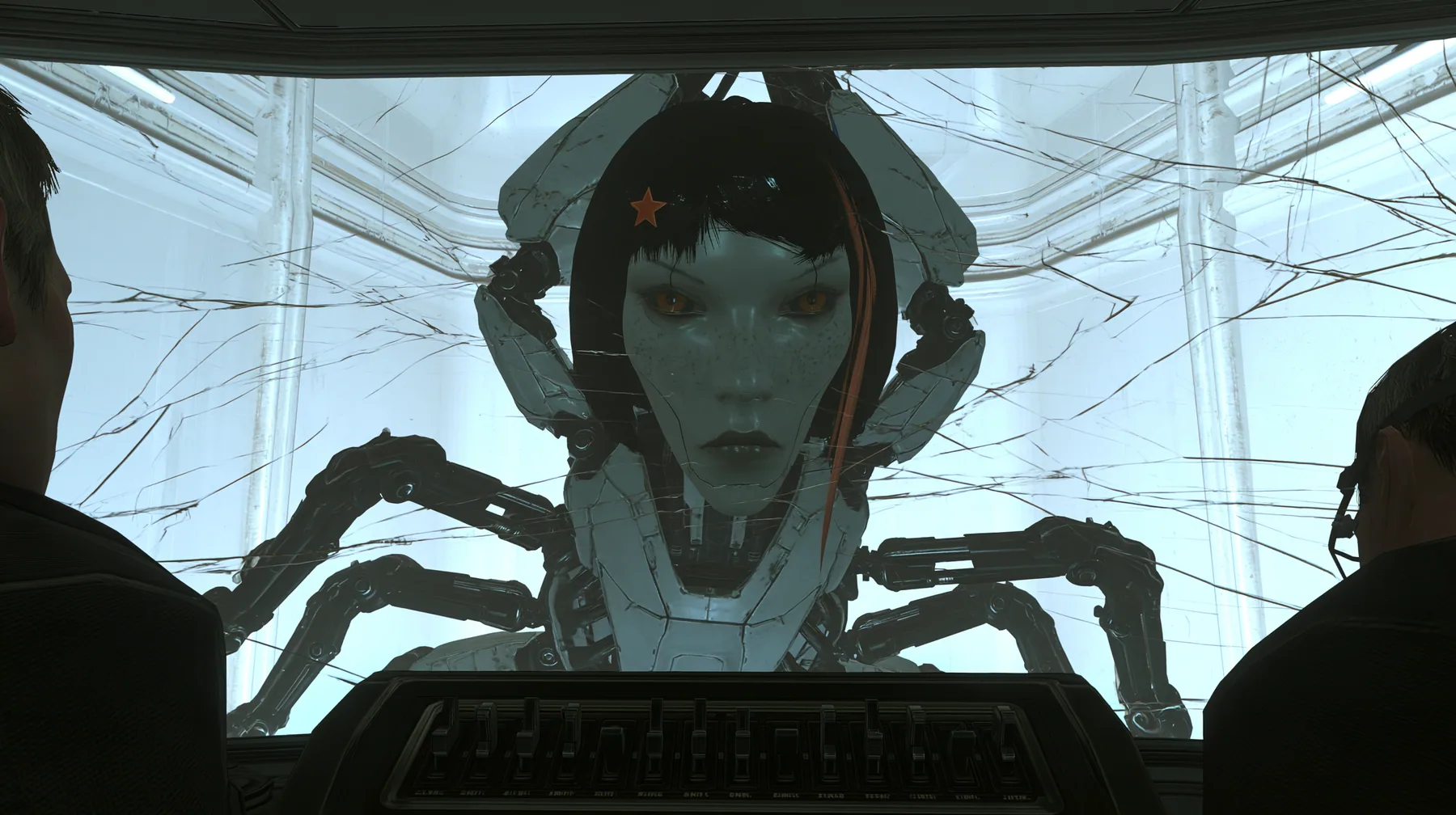 from inside a dim observation booth looking through its wide window into a bright white test chamber: a cat-sized white robot crab with six black jointed legs rears up and rams the glass head first, her…