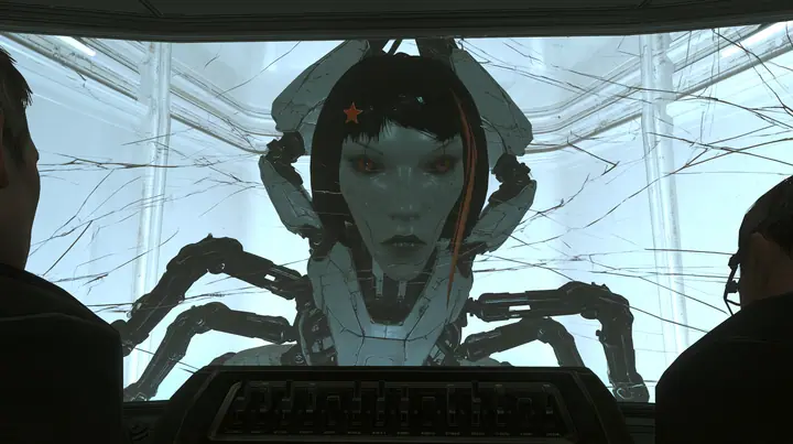from inside a dim observation booth looking through its wide window into a bright white test chamber: a cat-sized white robot crab with six black jointed legs rears up and rams the glass head first, her…
