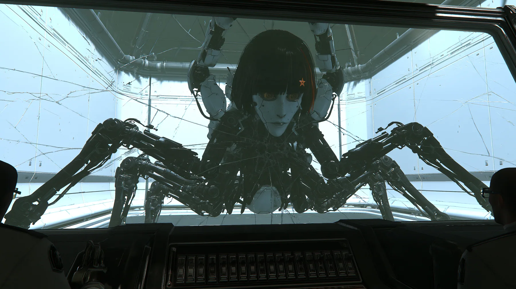 from inside a dim observation booth looking through its wide window into a bright white test chamber: a cat-sized white robot crab with six black jointed legs rears up and rams the glass head first, her…