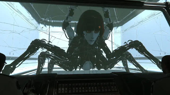 from inside a dim observation booth looking through its wide window into a bright white test chamber: a cat-sized white robot crab with six black jointed legs rears up and rams the glass head first, her…
