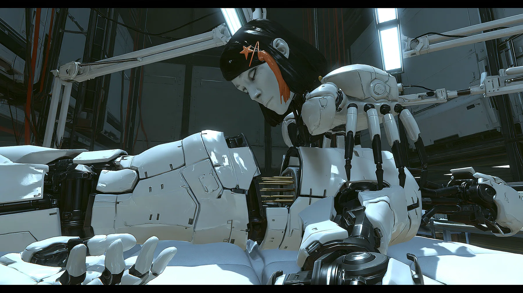 overhead three-quarter view down onto a white padded assembly table under articulated work lamps in a robot lab: a headless slender porcelain humanoid android body of glossy white plating with black joints lies face…
