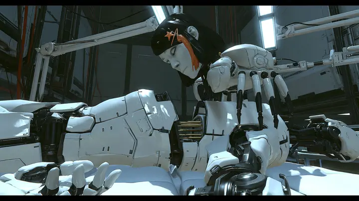 overhead three-quarter view down onto a white padded assembly table under articulated work lamps in a robot lab: a headless slender porcelain humanoid android body of glossy white plating with black joints lies face…