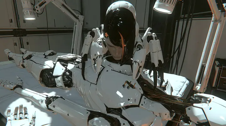 overhead three-quarter view down onto a white padded assembly table under articulated work lamps in a robot lab: a headless slender porcelain humanoid android body of glossy white plating with black joints lies face…