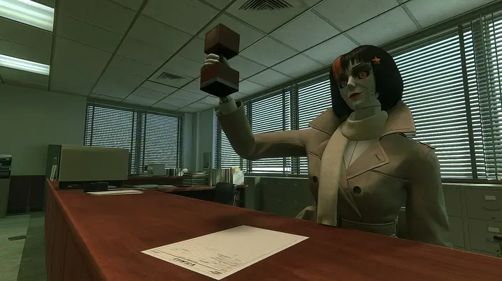 low camera at counter height on the clerk's side of a long wooden counter in a 1960s visa office: across the counter a slender porcelain humanoid android in a belted beige trench coat with the collar up and a cream…