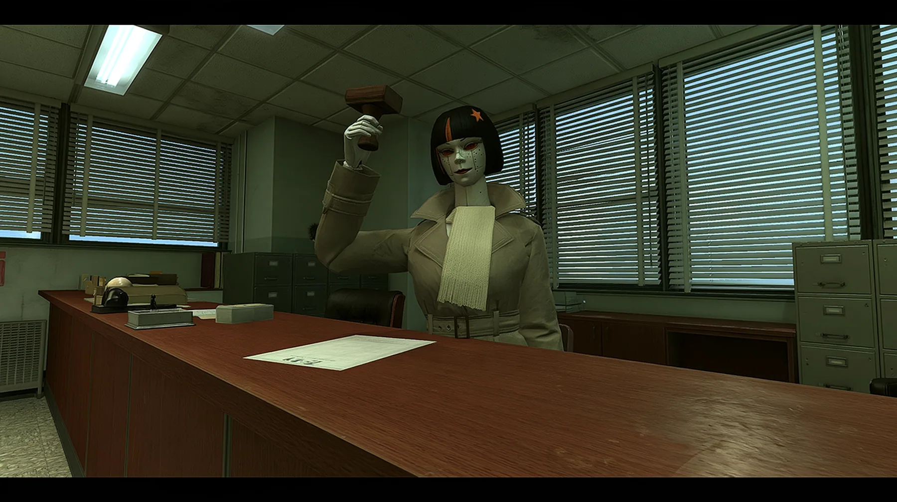 low camera at counter height on the clerk's side of a long wooden counter in a 1960s visa office: across the counter a slender porcelain humanoid android in a belted beige trench coat with the collar up and a cream…