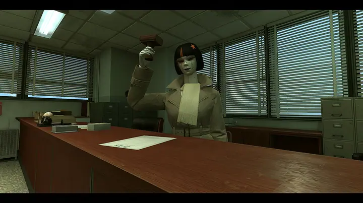 low camera at counter height on the clerk's side of a long wooden counter in a 1960s visa office: across the counter a slender porcelain humanoid android in a belted beige trench coat with the collar up and a cream…