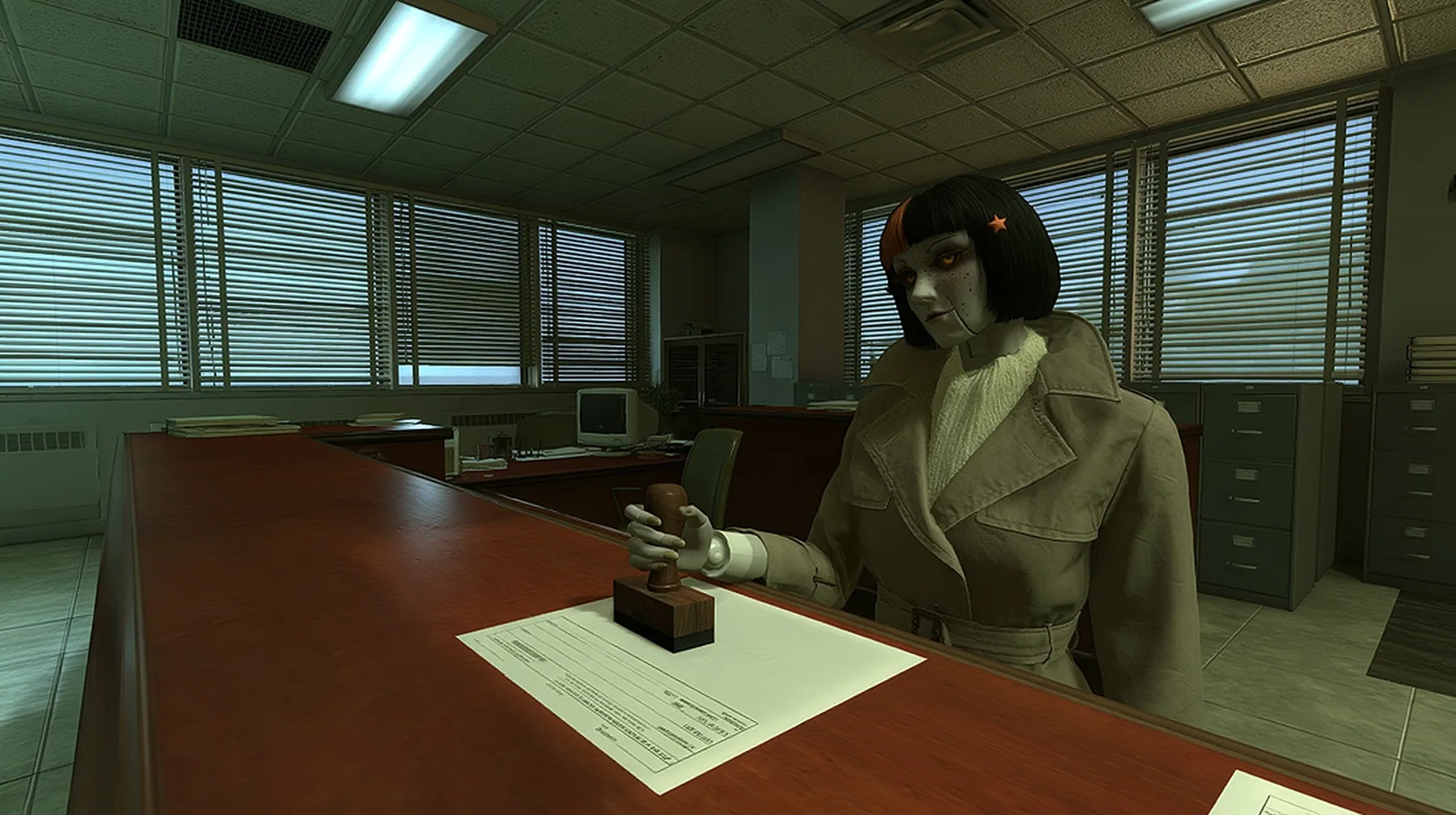low camera at counter height on the clerk's side of a long wooden counter in a 1960s visa office: across the counter a slender porcelain humanoid android in a belted beige trench coat with the collar up and a cream…