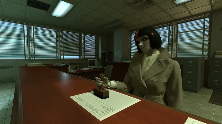 low camera at counter height on the clerk's side of a long wooden counter in a 1960s visa office: across the counter a slender porcelain humanoid android in a belted beige trench coat with the collar up and a cream…
