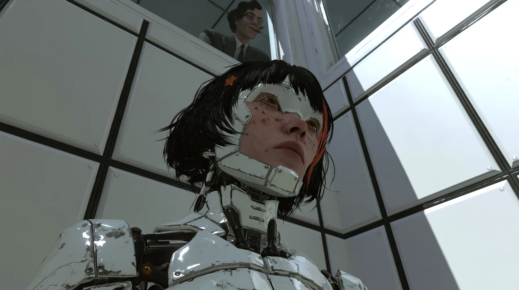 low angle in a white test chamber of square wall panels with black seams: in the lower half a scuffed slender porcelain humanoid android of glossy white plating with black joints and amber joint lights looks up,…