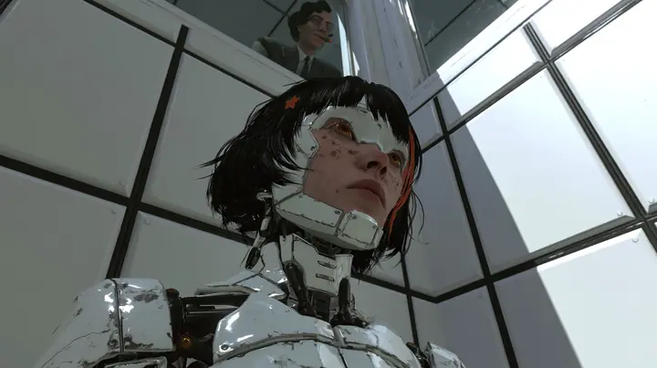 low angle in a white test chamber of square wall panels with black seams: in the lower half a scuffed slender porcelain humanoid android of glossy white plating with black joints and amber joint lights looks up,…