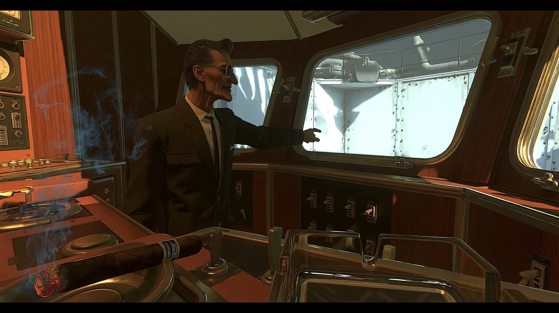 low angle from the edge of a 1950s observation booth console: a lean grinning executive with a long face, high cheekbones, a long straight nose, a big toothy showman's grin, a dark wavy pompadour, a charcoal suit and…