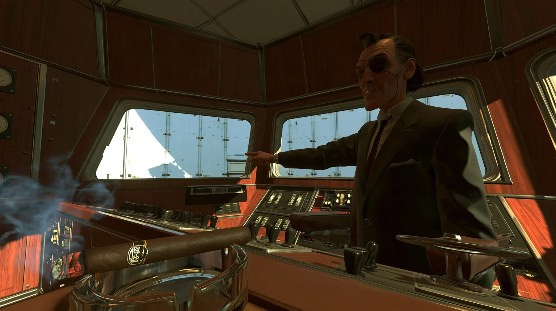 low angle from the edge of a 1950s observation booth console: a lean grinning executive with a long face, high cheekbones, a long straight nose, a big toothy showman's grin, a dark wavy pompadour, a charcoal suit and…