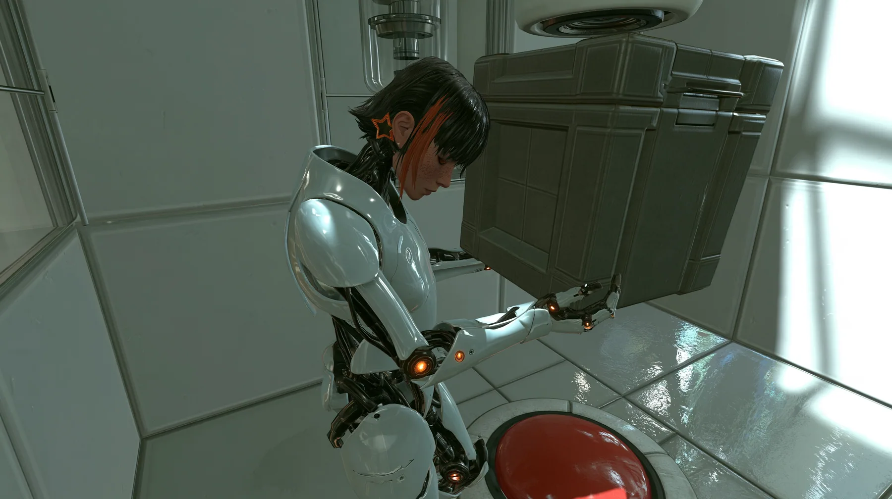 high crane angle looking down into a clean white test chamber: a slender porcelain humanoid android of glossy white plating with black joints and amber joint lights holds a grey storage cube at chest height above a…