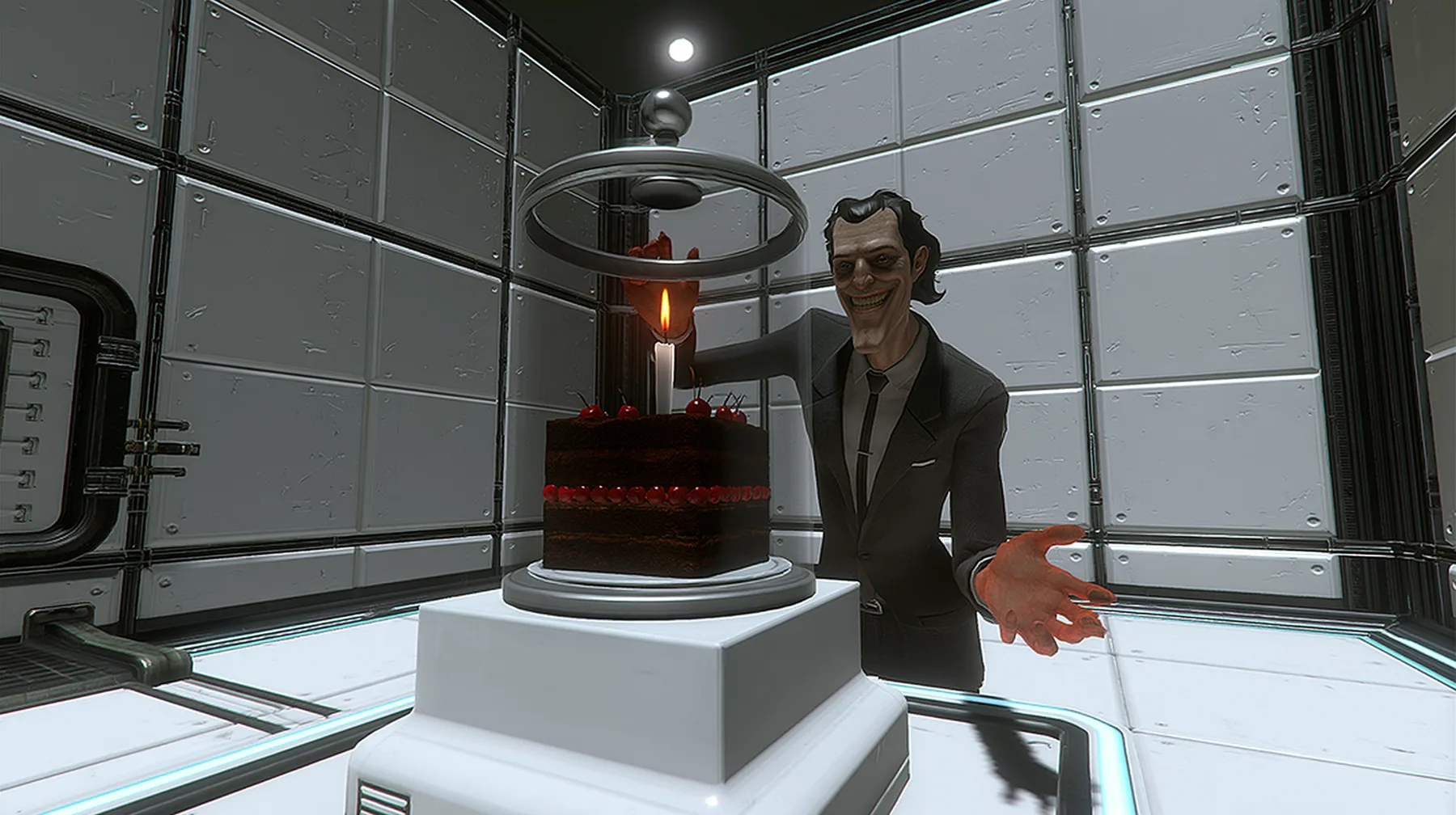 medium shot at chest height in a clean white test chamber: a black forest cake with cherries and one lit candle under a tall glass cloche on a white pedestal in the centre; beside it a lean grinning 1950s executive…
