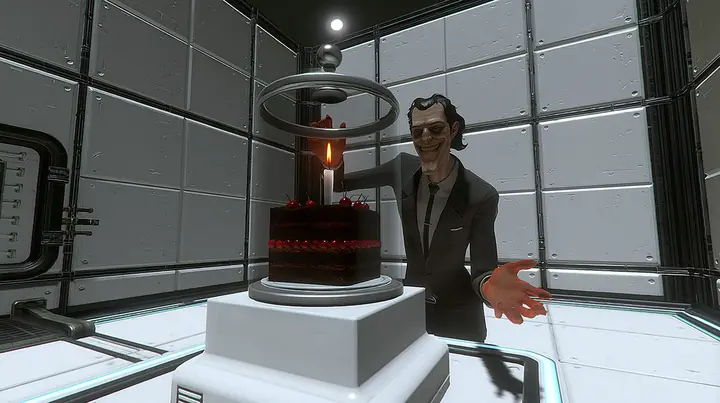 medium shot at chest height in a clean white test chamber: a black forest cake with cherries and one lit candle under a tall glass cloche on a white pedestal in the centre; beside it a lean grinning 1950s executive…