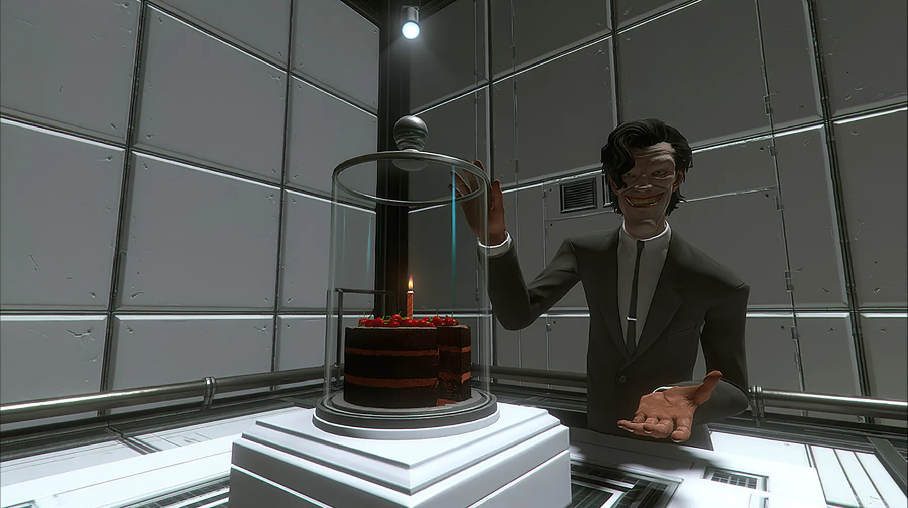 medium shot at chest height in a clean white test chamber: a black forest cake with cherries and one lit candle under a tall glass cloche on a white pedestal in the centre; beside it a lean grinning 1950s executive…