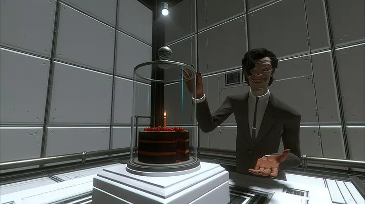 medium shot at chest height in a clean white test chamber: a black forest cake with cherries and one lit candle under a tall glass cloche on a white pedestal in the centre; beside it a lean grinning 1950s executive…