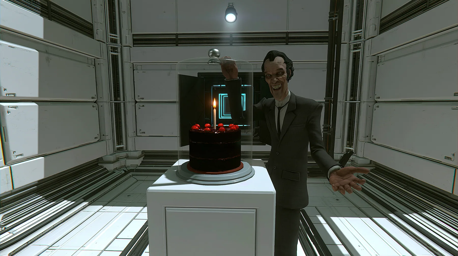 medium shot at chest height in a clean white test chamber: a black forest cake with cherries and one lit candle under a tall glass cloche on a white pedestal in the centre; beside it a lean grinning 1950s executive…