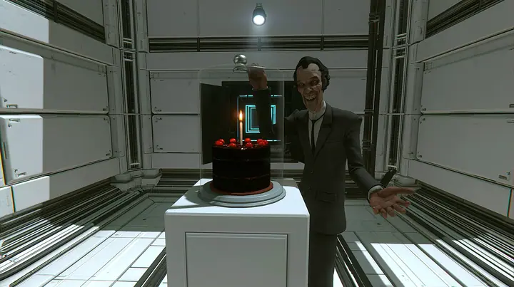 medium shot at chest height in a clean white test chamber: a black forest cake with cherries and one lit candle under a tall glass cloche on a white pedestal in the centre; beside it a lean grinning 1950s executive…