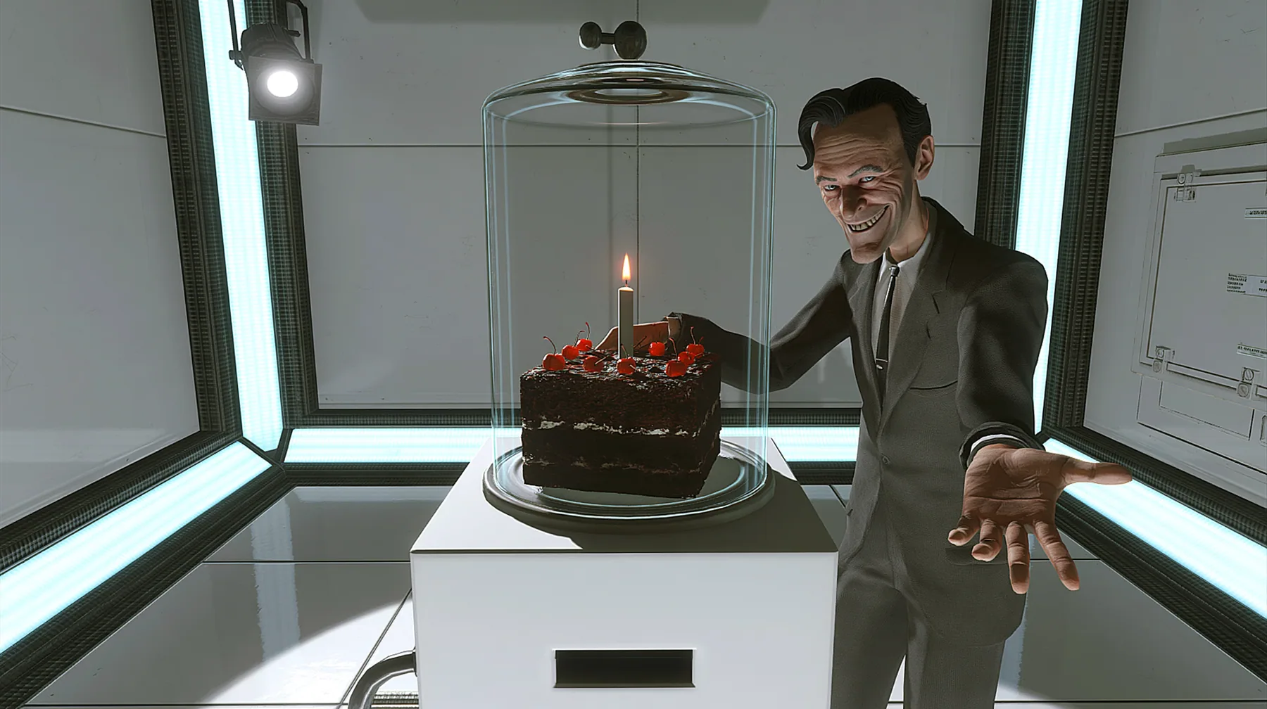 medium shot at chest height in a clean white test chamber: a black forest cake with cherries and one lit candle under a tall glass cloche on a white pedestal in the centre; beside it a lean grinning 1950s executive…