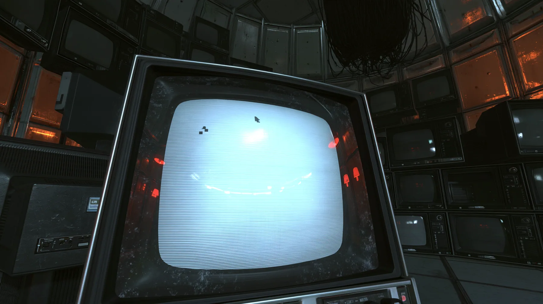 extreme macro shot of the curved glass of a single 1970s CRT monitor waking up in a pitch-dark machine chamber, a faint green-white phosphor bloom swelling at the centre of the screen, one blinking block cursor, fine…
