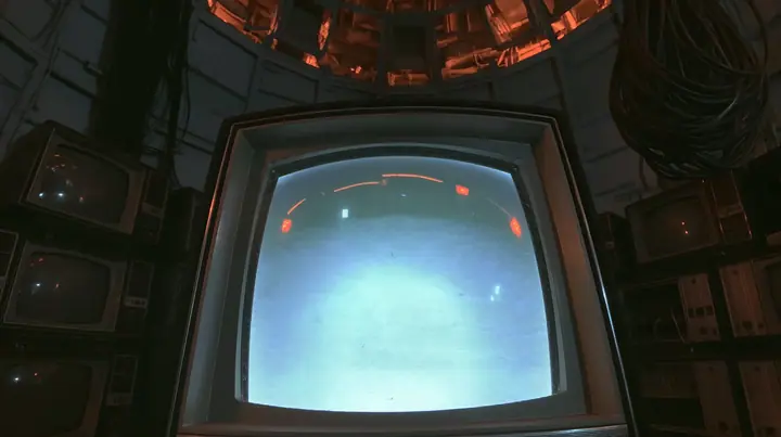 extreme macro shot of the curved glass of a single 1970s CRT monitor waking up in a pitch-dark machine chamber, a faint green-white phosphor bloom swelling at the centre of the screen, one blinking block cursor, fine…