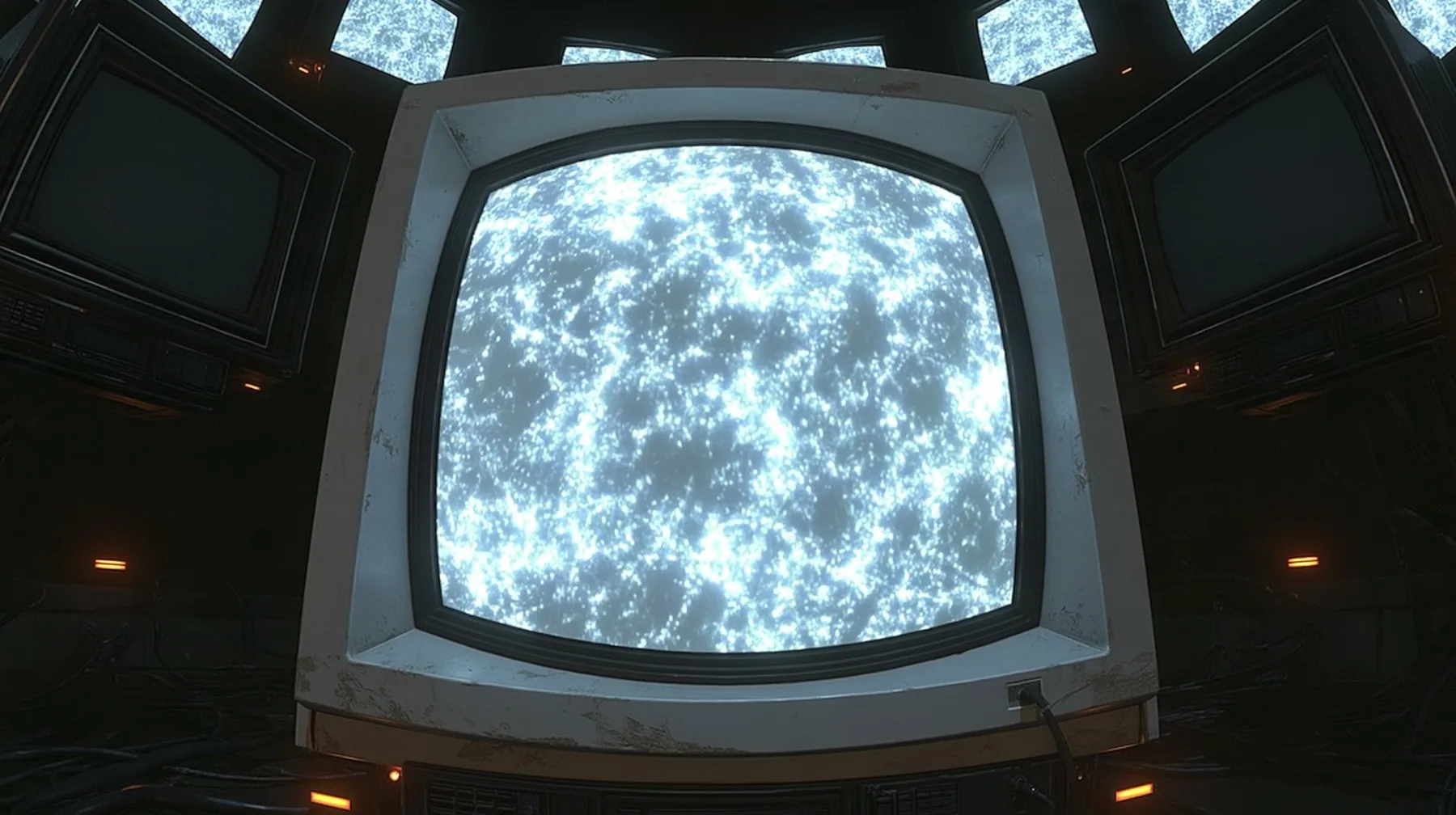 an old CRT television fills the entire frame, its curved screen boiling with bright white static snow, glowing, the scuffed off-white plastic bezel and two dark neighbouring monitors just visible at the edges, faint…