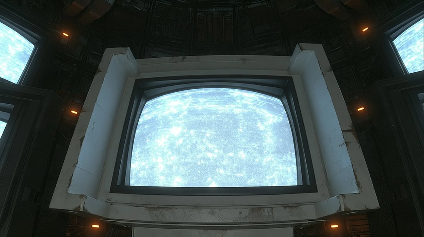 an old CRT television fills the entire frame, its curved screen boiling with bright white static snow, glowing, the scuffed off-white plastic bezel and two dark neighbouring monitors just visible at the edges, faint…