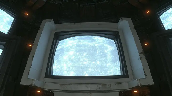 an old CRT television fills the entire frame, its curved screen boiling with bright white static snow, glowing, the scuffed off-white plastic bezel and two dark neighbouring monitors just visible at the edges, faint…