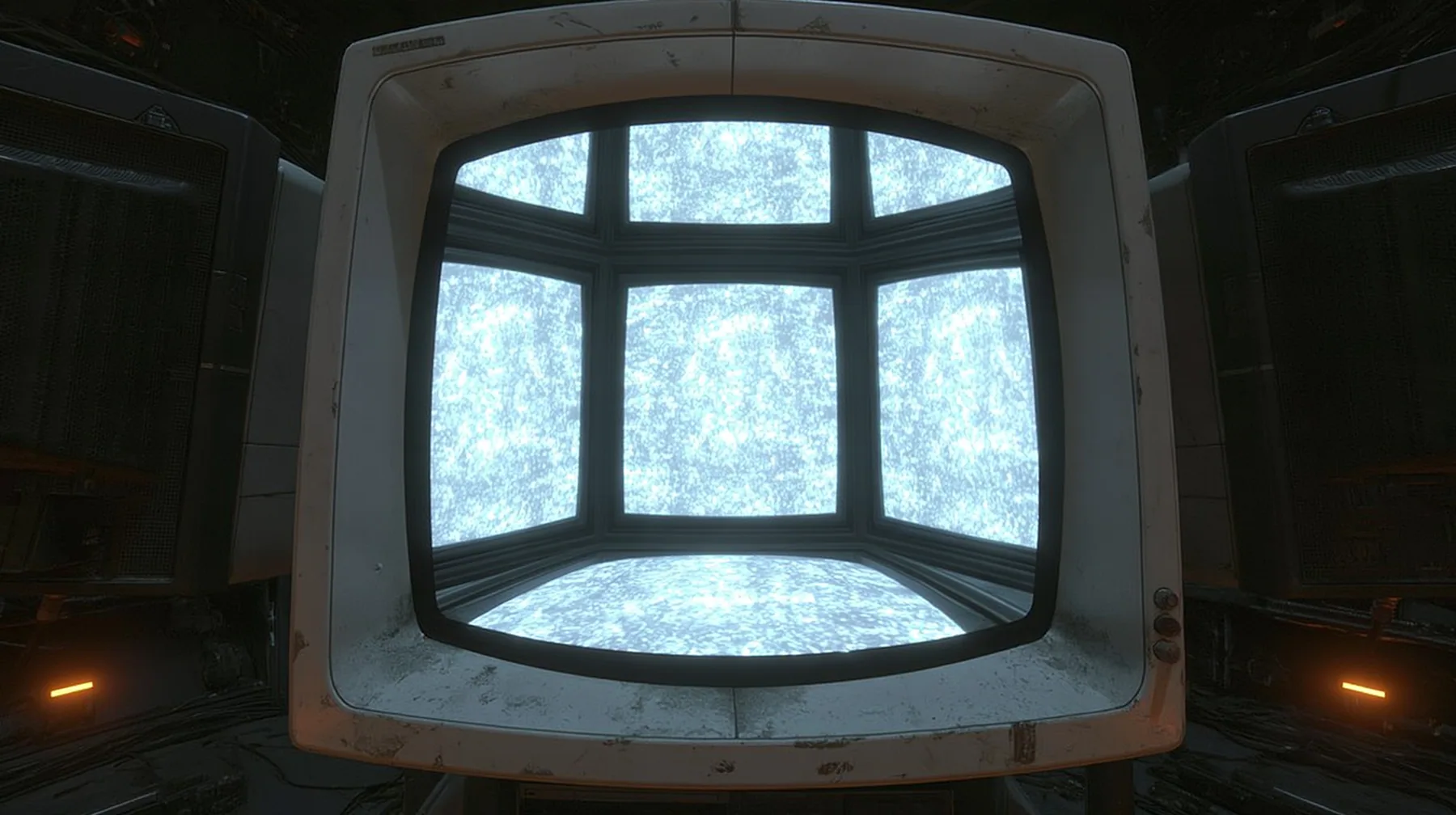 an old CRT television fills the entire frame, its curved screen boiling with bright white static snow, glowing, the scuffed off-white plastic bezel and two dark neighbouring monitors just visible at the edges, faint…