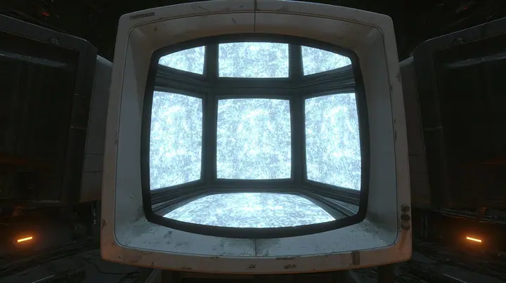 an old CRT television fills the entire frame, its curved screen boiling with bright white static snow, glowing, the scuffed off-white plastic bezel and two dark neighbouring monitors just visible at the edges, faint…