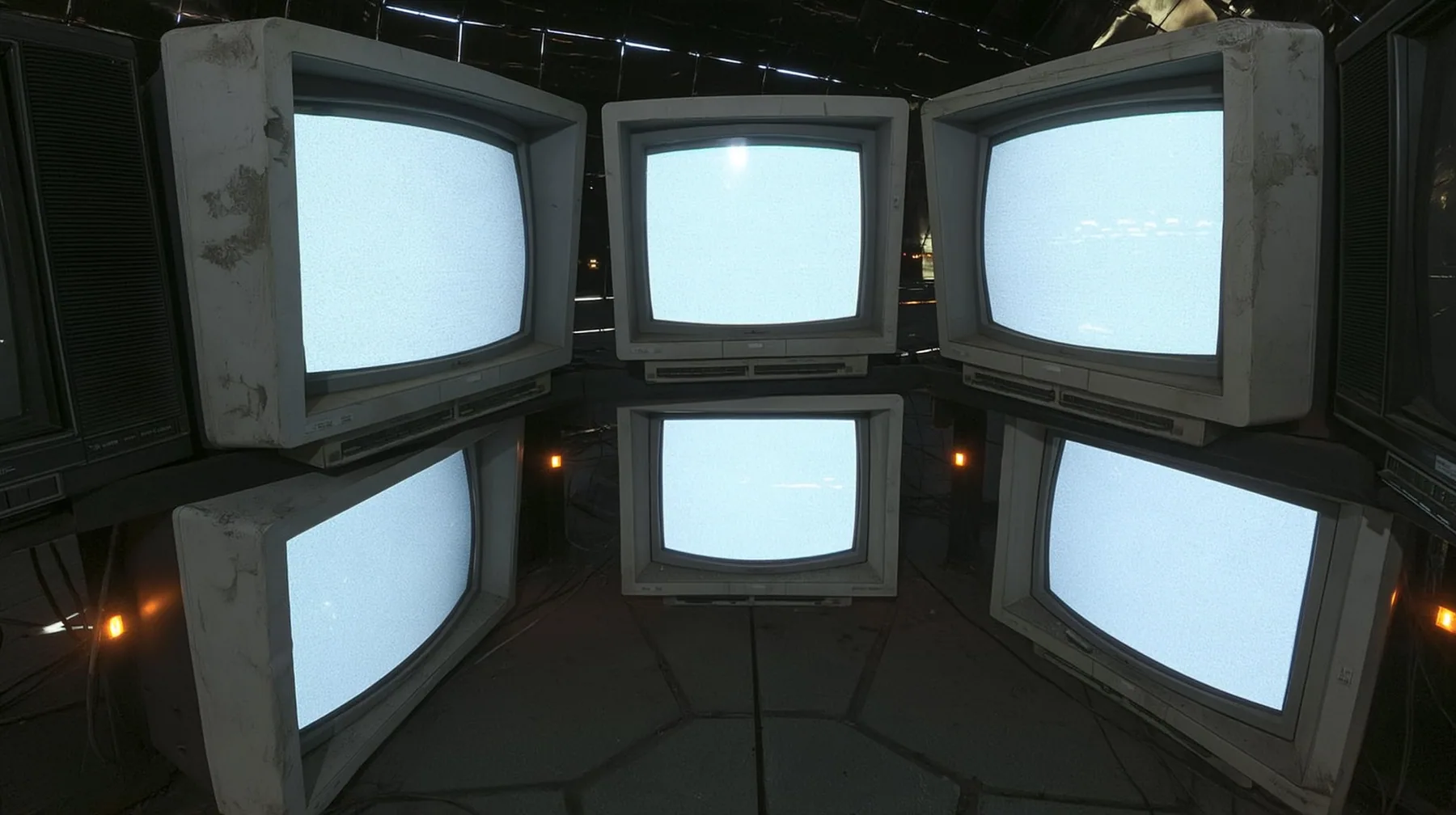 an old CRT television fills the entire frame, its curved screen boiling with bright white static snow, glowing, the scuffed off-white plastic bezel and two dark neighbouring monitors just visible at the edges, faint…
