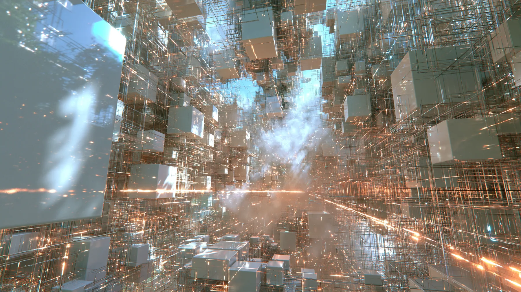 first-person drone view gliding forward through a luminous white void where hundreds of square white wall panels float like neurons, joined by thin glowing threads of light, a slow pulse of light travelling along the…